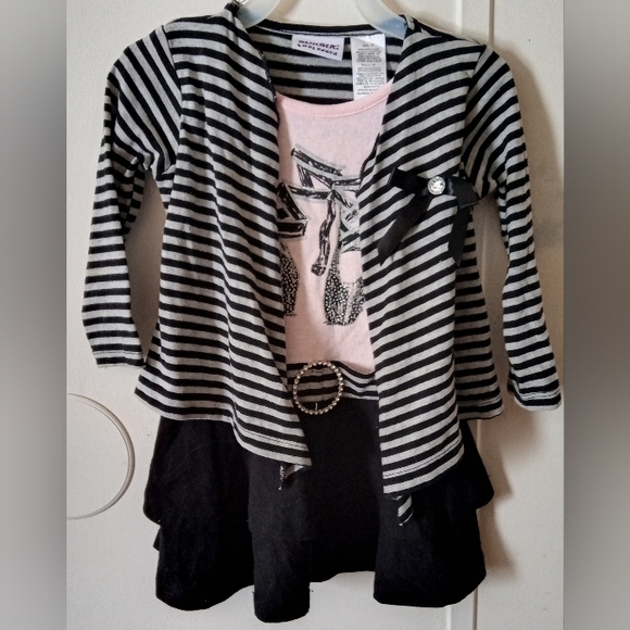 Blueberi Girls Size Striped Cardigan and Dress Set Ballerina Shoe Graphic Print - Picture 1 of 7